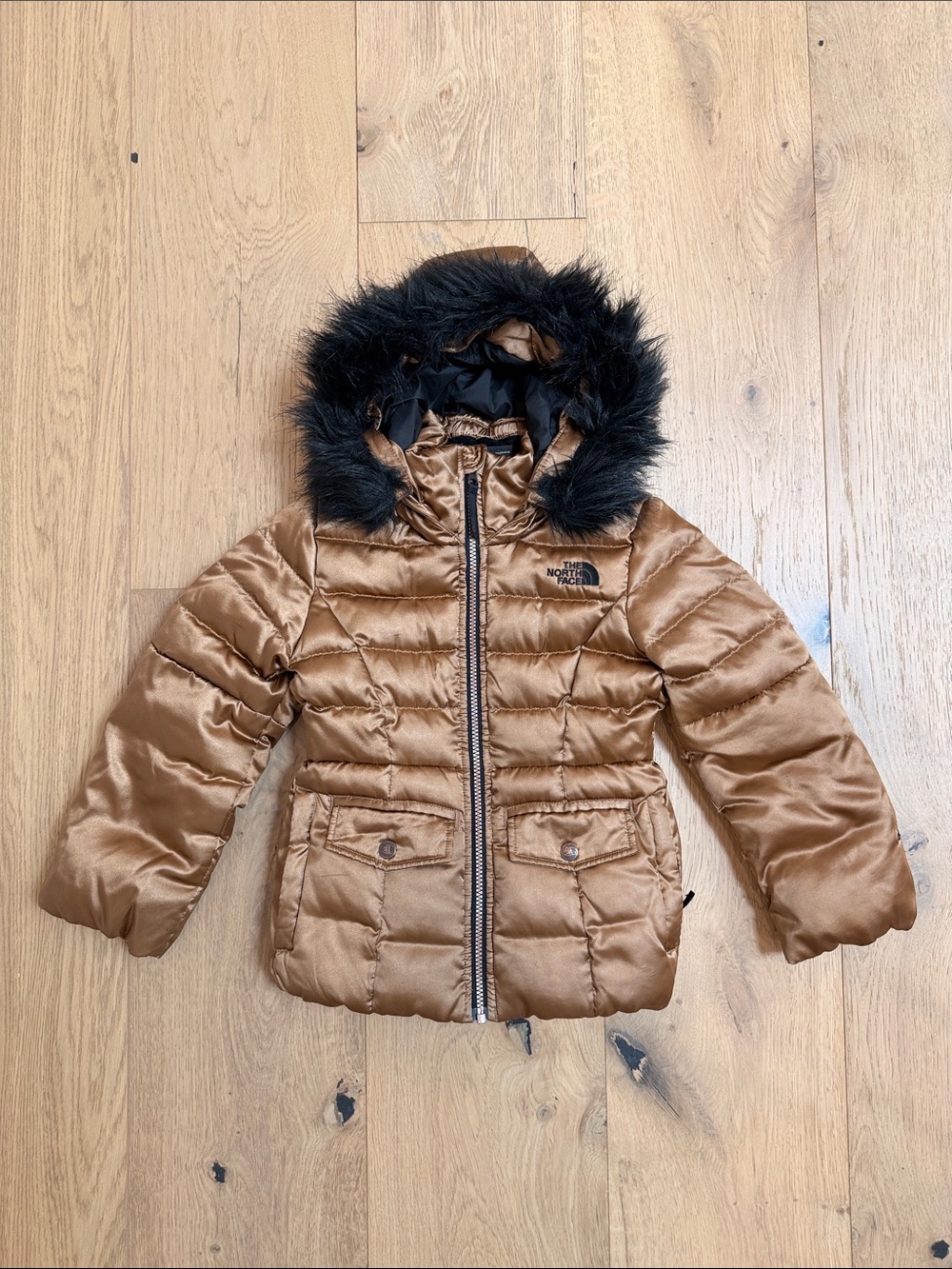 The North Face Kids Bronze Puffer Jacket with Faux Fur Hood size 6